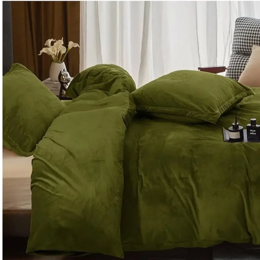 🆕 Olive Green Velvet Luxury Duvet Set Bedding High End Hotel Vibes QUEEN SET